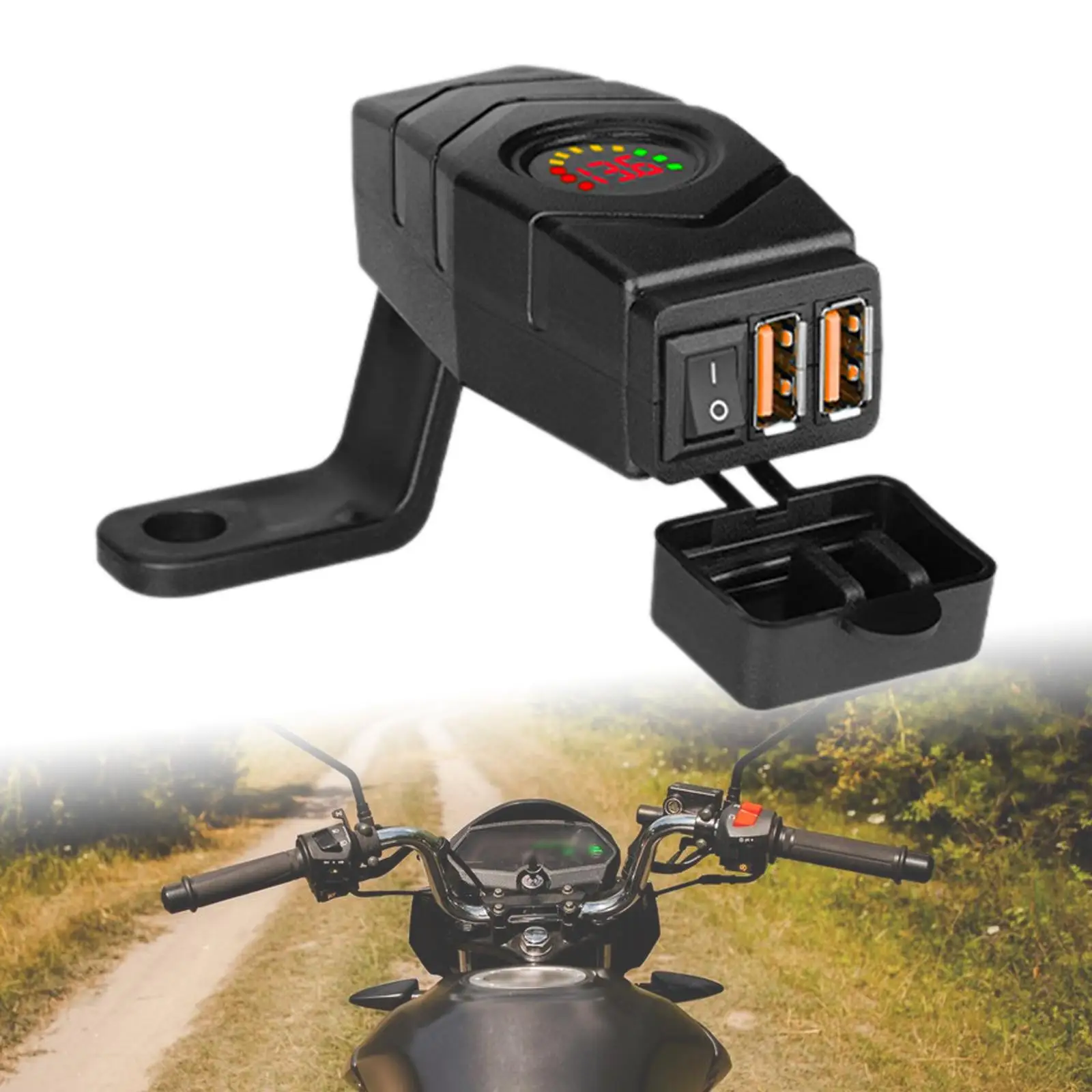 Motorcycle Double USB Charger with Voltmeter and Switch Rearview Mirror Mount 36W Double USB Adapter for Tablet PC Phones