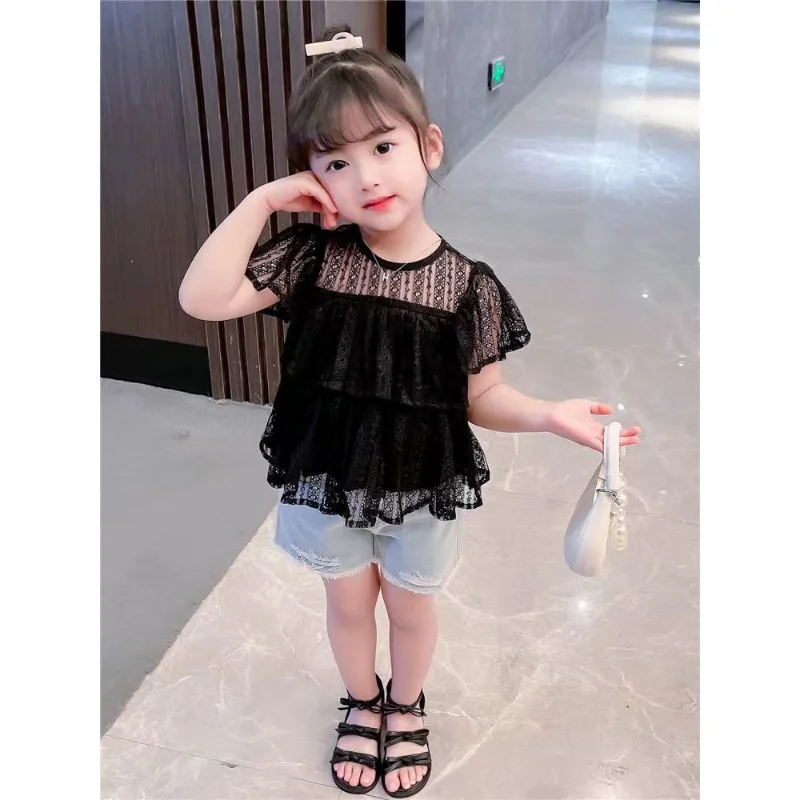 2024 New Fashion Black Blouse for Kids Girls Summer Children Short Sleeve Shirts O-neck Patchwork Lace Korean Style Shirt Q502