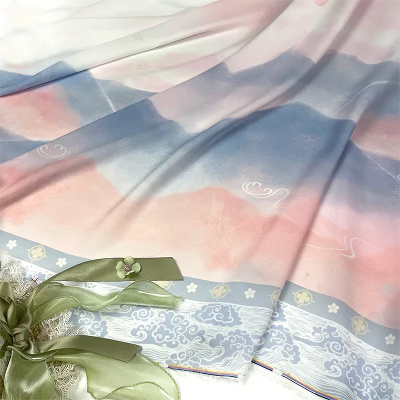 Ancient Style Landscape Printed Chiffon Fabric Hanfu Dress Horse Face Skirt DIY Sewing Cloth Translucent Chinese Costumes Fabric