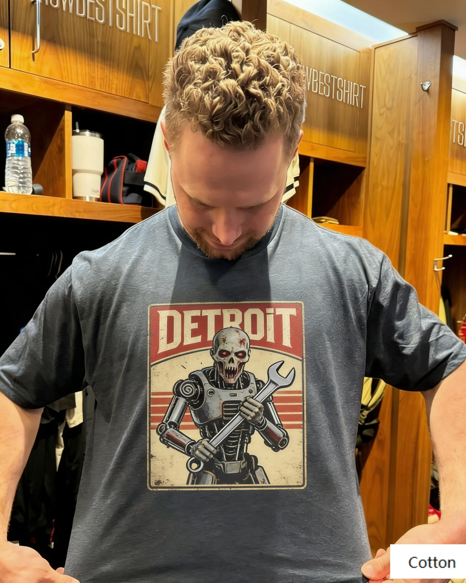 Detroit Cyber Robot Wrench Graphic Cotton T-Shirt Neutral Fit Retro Motor City Industrial Art Casual Short Sleeve Tee