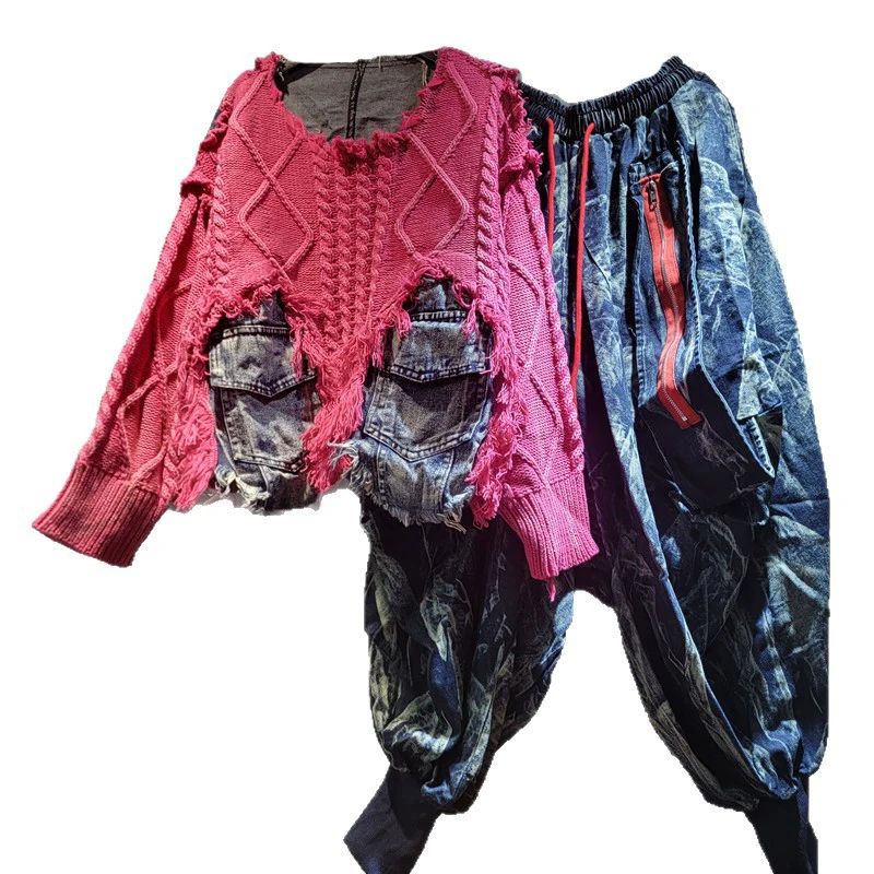 WTHT Trendy dames patchwork denim braamrand truien met lange mouwen elastische taille losse lantaarnbroek vrouwelijk 2025, herfst 1LS2565