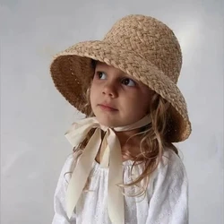 Summer Sun Hat for Big Girls Hand-knitted Raffia Retro Flat Top Sun Hats Girls Travel Sunscreen Vacation Straw Hat with Lacing