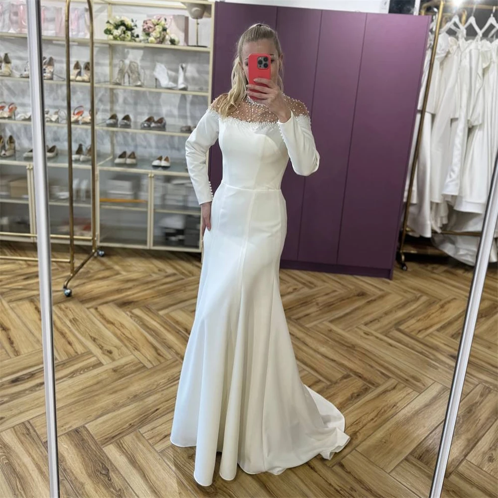 

Customized Boho White Jersey Wedding Dress Formal Sweetheart Long Sleeves Bridal Gown Dreamy A-Line Court Train Vestido De Novia