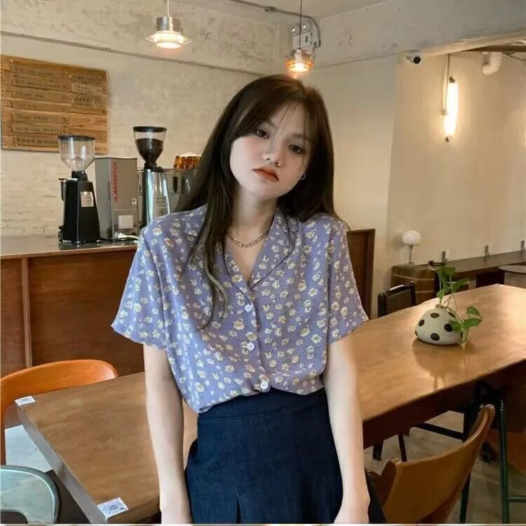 

Retro Korean Sle Floral Print ort Sve Women's irt Ele Design Unique High-End Feeling Casual Commute Sle