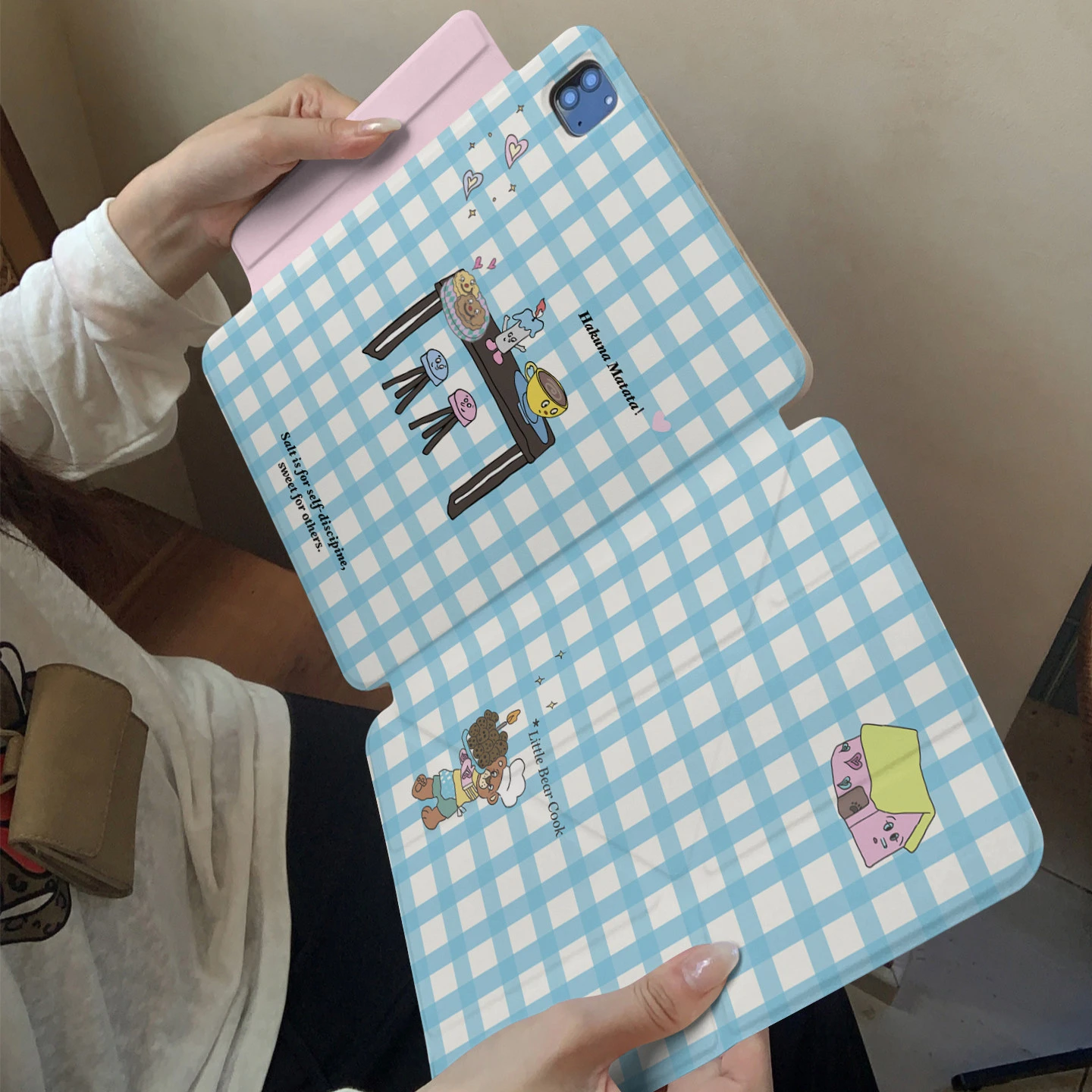 Blue Plaid Star Cherry Cover For Magnetic Split iPad Pro 13 11th M5 M4 12.9 A16 10 8 7 9th 10th Air 11 M2 M3 Mini Tablet Case