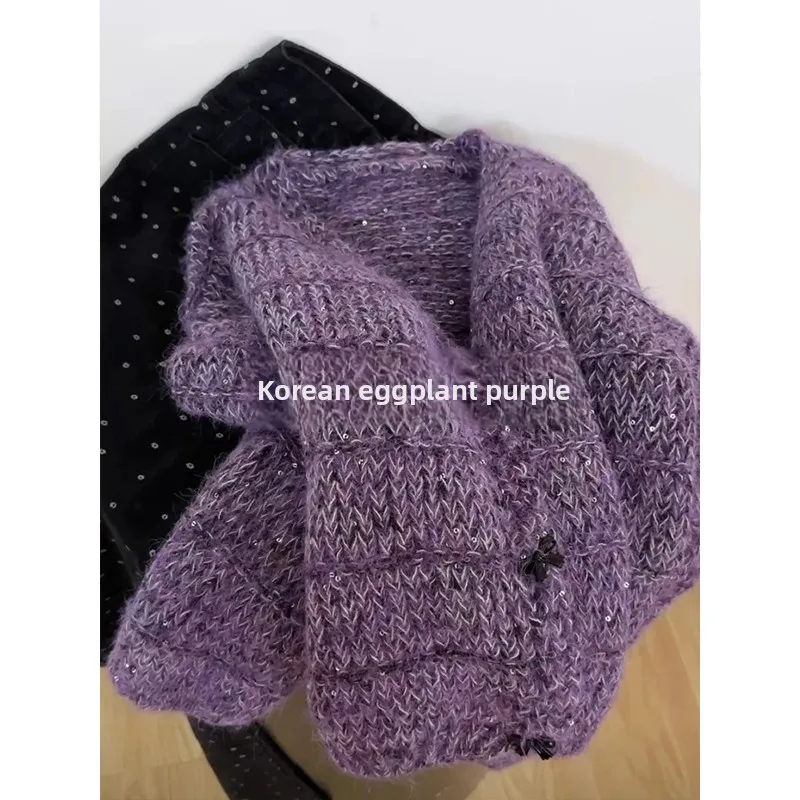

Korean Sle Purple V-Ne Sequin Open Cardigan Women's Soft Autumn Winter Knitted Sweater Outerwear Lazy Sle Commute Wind