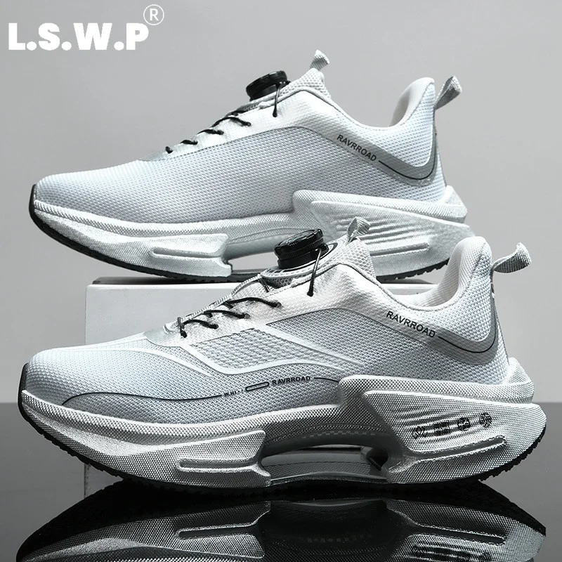 Men's Casual Sports Shoes, Unisex Rotating Buckle Racing Running Shoes, Fly-Knit Breathable Mesh Surface, Hollow-Out High-Elastic Thick Sole, Shock-Absorbing Non-Slip Sports Shoes, Lightweight and Wear-Resistant, Suitable for Outdoor Jogging, Fitness Training, Daily Commuting, and Couple Running Shoes