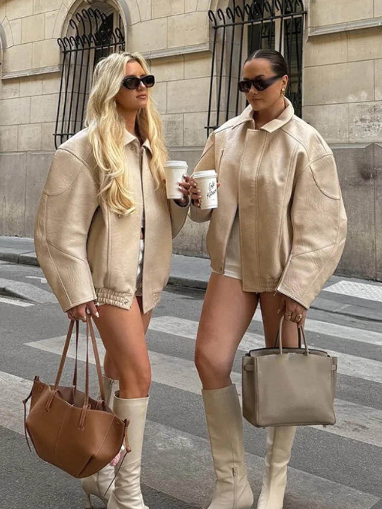 

Casual Lapel Zipper Short Leather Jacket Women Fashion Chic Pocket Loose Pu Outerwear Lady Autumn Daily Commuting Street Coat