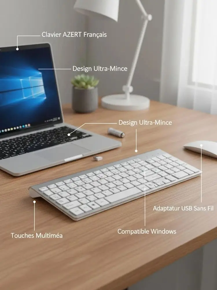 Bezprzewodowa klawiatura i mysz z układem AZERTY (francuski), tryb dualny 2.4G+Bluetooth, ultracienka, energooszczędna, kompatybilna z Windows, iOS, Mac i Android. — zdjęcie produktu 7