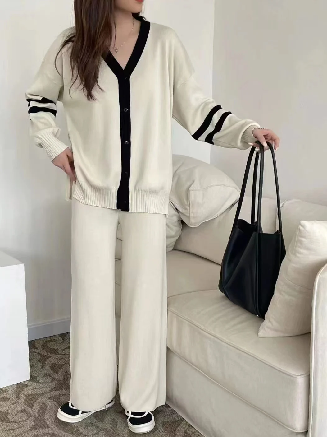 Korean Fashion Casual Knitted Two Piece Set Women V-neck Long Sleeve Loose Cardigan Sweater + Wide Leg Pants Sets Tracksuit