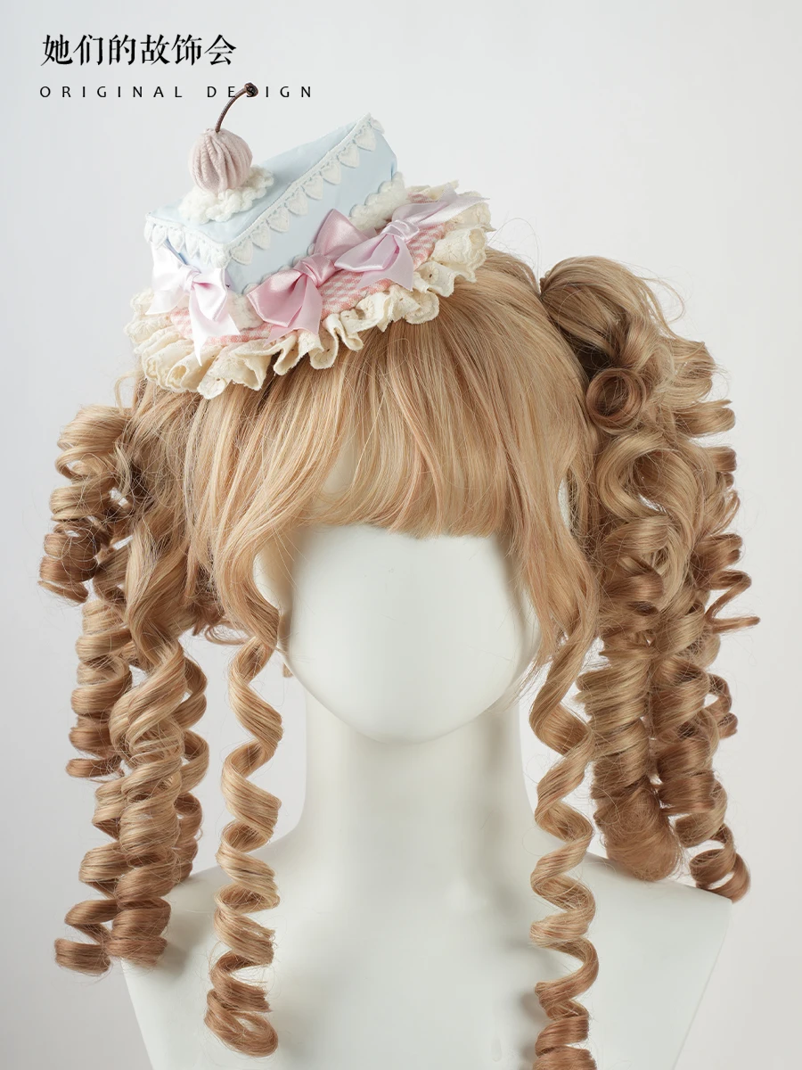 Lolita Original Handmade Blue Paper Cup Cake Billycock Headdress Lace Hair Band Bow KC Hair Accessories