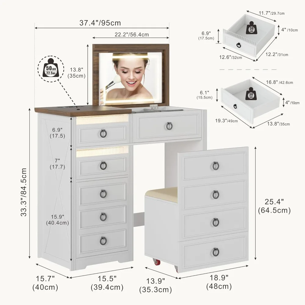 Туалетный столик со светодиодной подсветкой в стиле фермерского дома, ящиками для хранения, скрытым табуретом и зарядной станцией для макияжа и гардероба