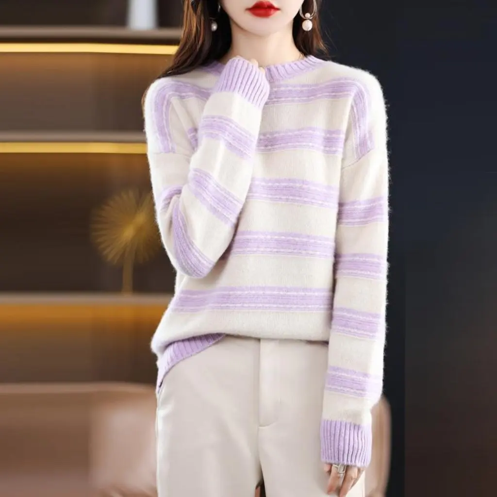 

Women's Pure Wool Crewneck Pullover Sweater Color Matched Striped Fashion Elegant All-match Autumn Winter Top