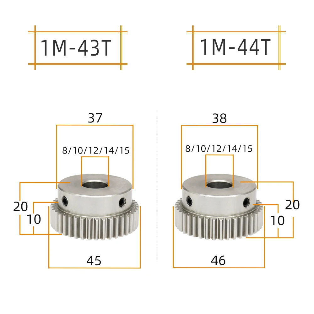 Motor Gear 1M43T 1M44T Bore Size 8/10/12 mm 304 Stainless Steel Gear Teeth Thickness 10 mm Total Height 20 mm 43Teeth 44Teeth