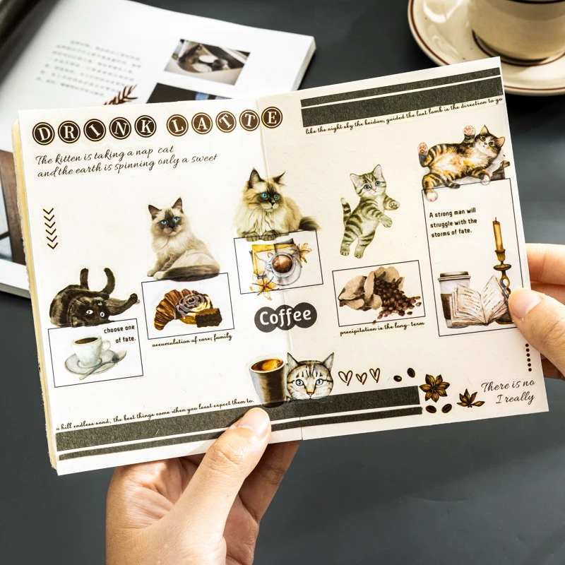 Journal GO 2pcs/pack Cat Coffee Theme PVC Stickers for DIY Mugs Laptop Mobile Scrapbooking Collage Junk Journal Cute Stickers