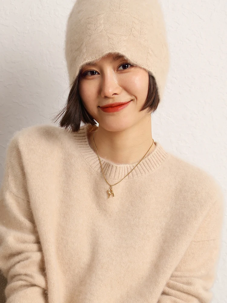 秋冬新作 レディース 100%カシミヤ ケーブル編み帽子 暖かいプルオーバーキャップ カジュアル シンプルスタイル 高品質カシミヤ帽子 トップス