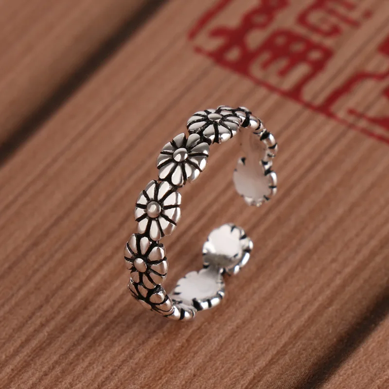 

New Retro Creative Sun Flowers 925 Sterling Silver Jewelry Personality Exquisite Flower Opening Rings R075