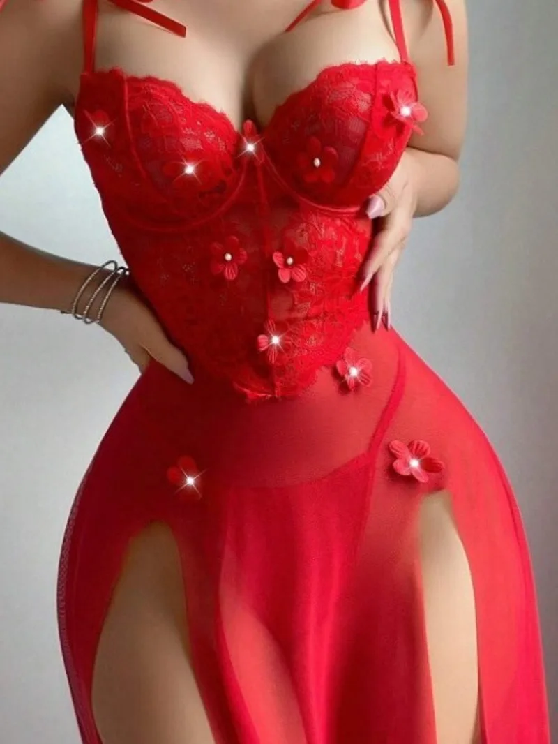 

Sexy Women Lace Flower Embroidery Mesh High Slit Long Dress Backless Deep V Suspenders Sleeveless Dress Elegant Charming XNP6
