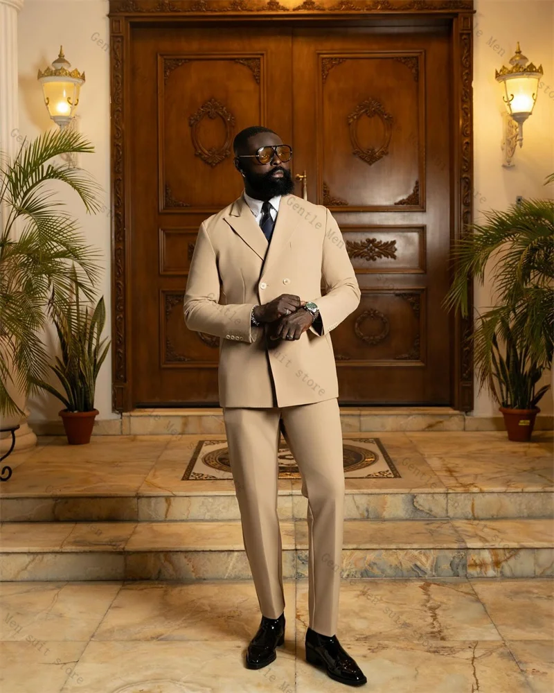 

Light Khaki Men Suit Set 2 Pcs Blazer+Pants Trousers Double Breasted Wedding Tuxedo Formal Office Jacket Prom Coat Customized