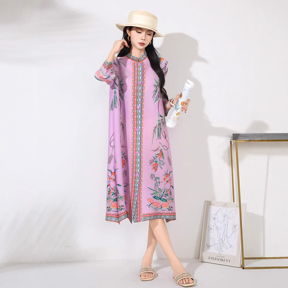 

Miyake Pleated 2025 Printed Dress Chinese Style Casual Peplum Loose Standing Collar Single Breasted Stretch Cardigan Midi Dress