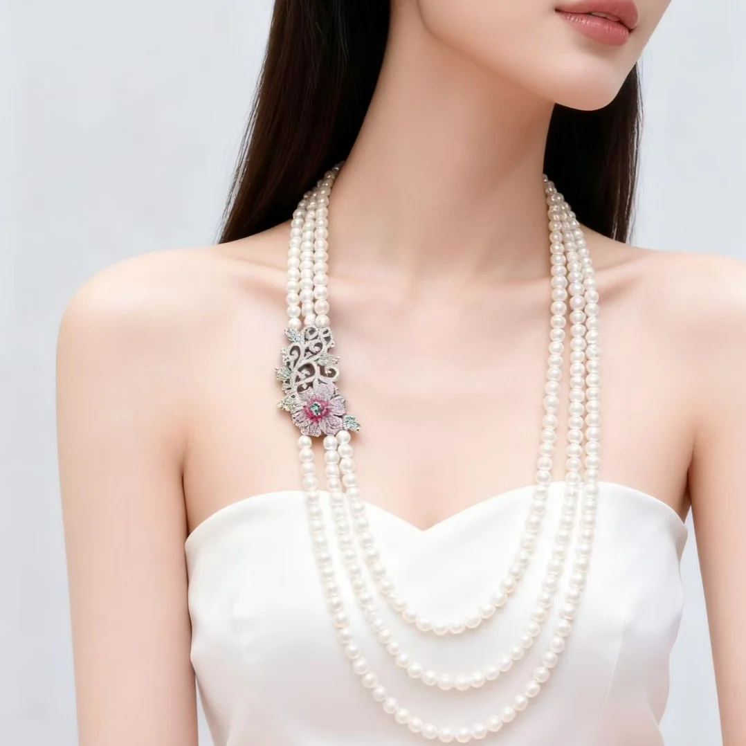 90 Special discount Three-layer flower necklace with natural freshwater pearl clasp, exquisite and versatile sweater chain