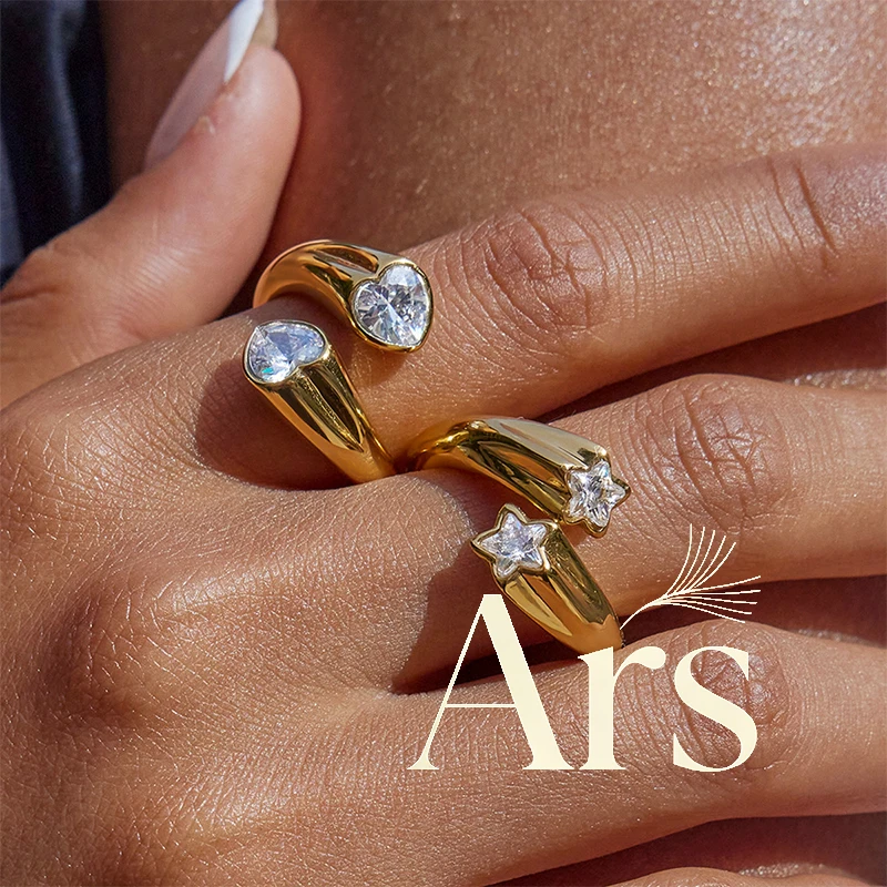 Ars Edelstahl klobige Ringe Damen vergoldet offener Ring Herz Zirkon Ring minimalistische Sternringe Statement Alltagsring