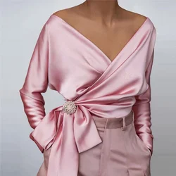 BKLD Elegant Satin Blouses Women 2024 Fashion Solid V-neck Side Lace-up Folded Long-sleeved Celebrity Party Commuting Glossy Top