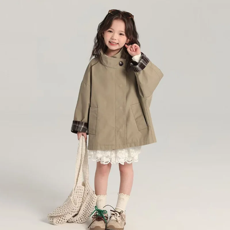 

Kids Girls Cotton Teens Spring Autumn Windbreaker Coats Khaki Princess Oversize Coat Medium Long Outerwear Trench Clothes 5-14Y