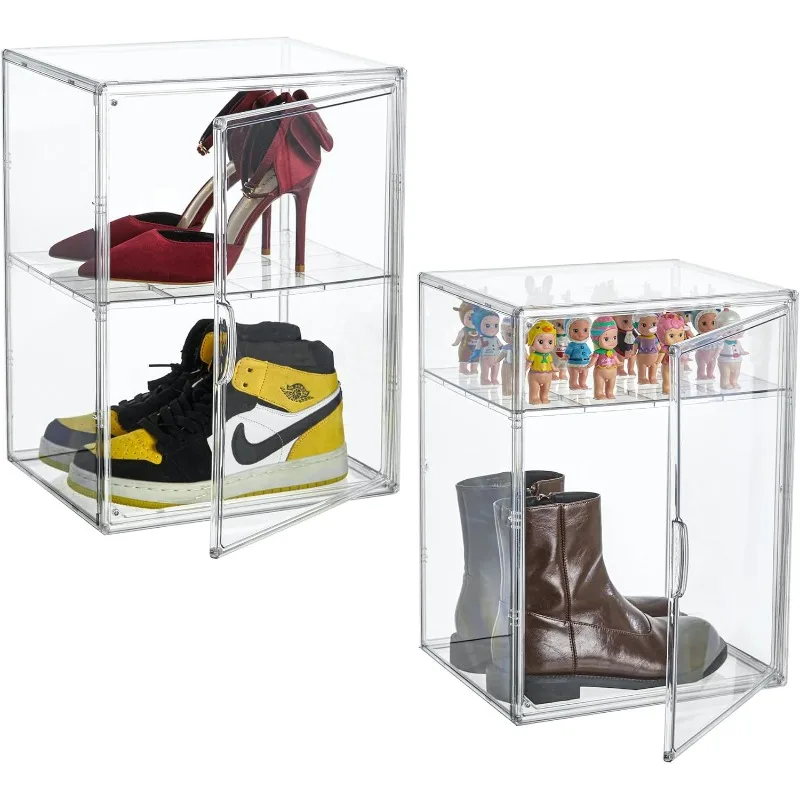 

Box Organizers with an Adjustable Divider, set of 2, Shoe Boxes Clear Plastic Stackable with Lids, Big Display Storage Box