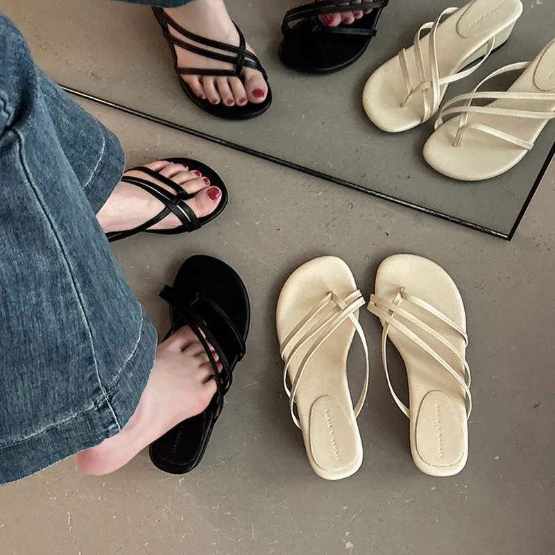 

2026 New Summer Women's Casual Thong Sandals Daily Versatile Cross Thin Strap Wedge Heel Slide Sandals Thick Sole Outdoor Shoes