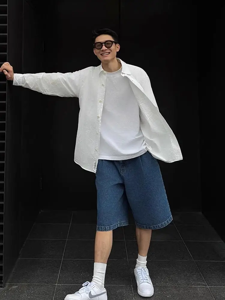 

Deep Blue Men's Casual Straight Leg Jeans orts Summer Loose Fit Wide Leg Five-Quarter Length CleanFit Sle Teen Faion