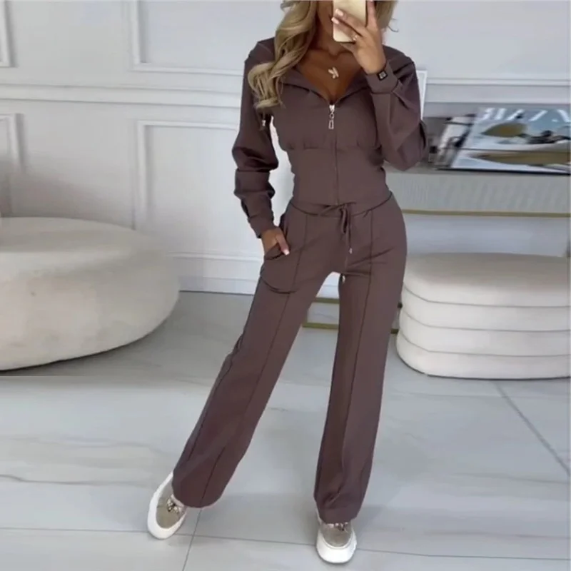 Damen 2-teiliger Trainingsanzug mit Kapuze, Reißverschluss-Crop-Jacke und hochtaillierter Schlaghose, lässiges Sport-Outfit für Damen – Detail 1