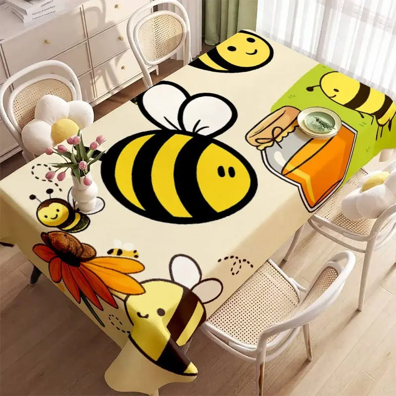 Bee Honey Tablecloth, Cream Background With Cartoon Insect Pattern, Waterproof Table Cover for Daily Meals & Home Party Use