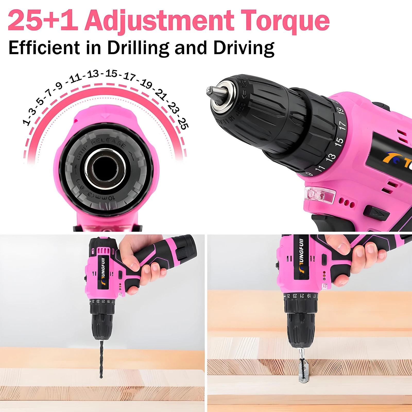 12V Cordless Drill Driver Kit Power Drill Driver Portable Home Decor Kit Screwdriver Drill Set Pink for Women DIY Enthusiasts