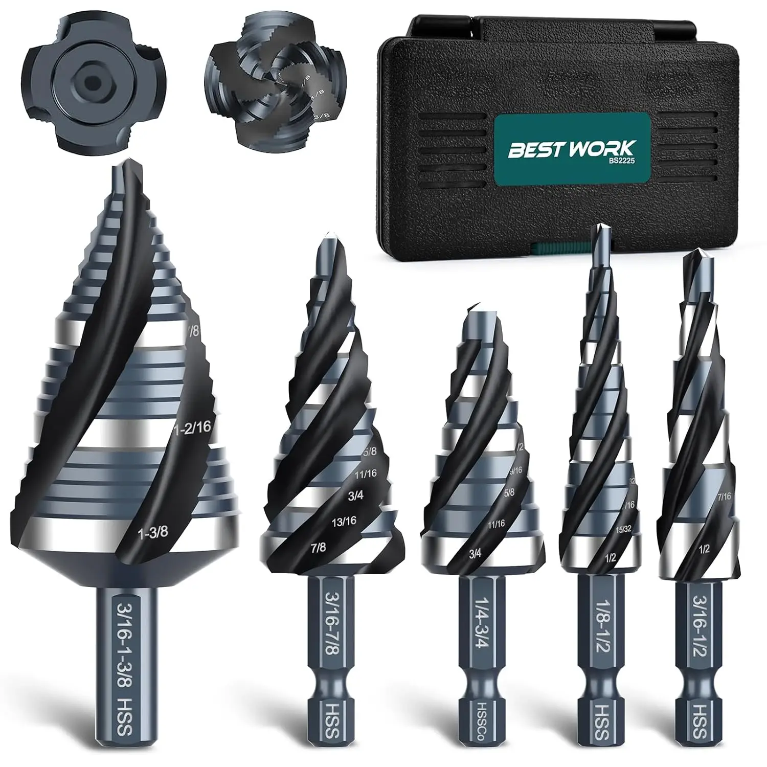 

5PCS High-Speed Steel Step Drill Bit Set, 1/8"-1-3/8", Hex Shank for Metal, Wood, Plastic