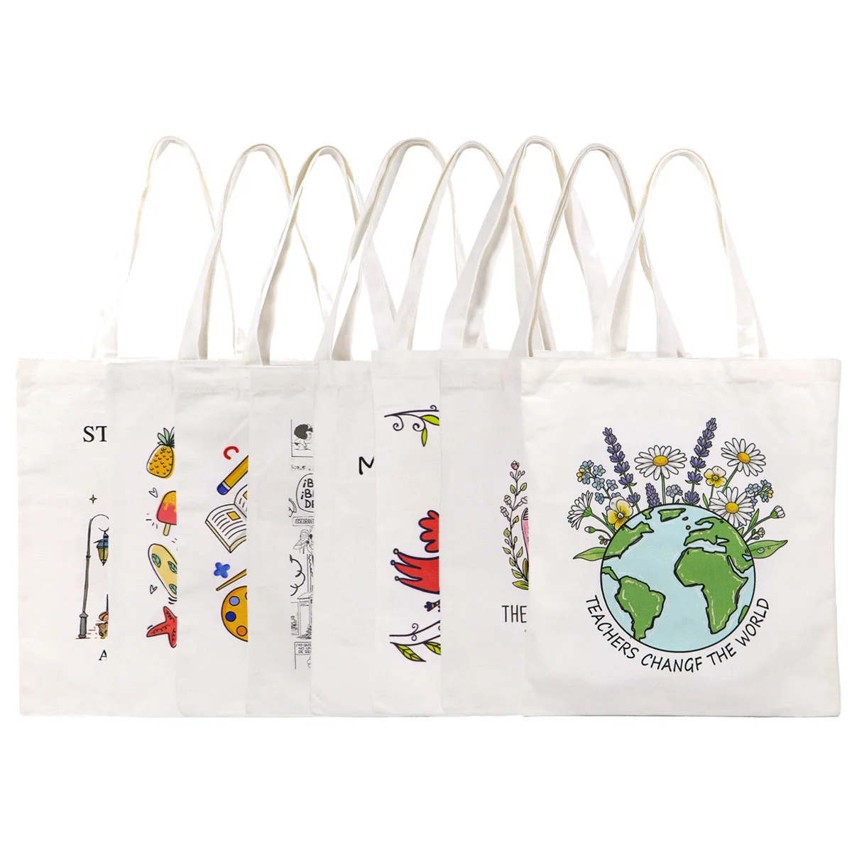 

Cartoon Canvas Eco-friendly Shopping Bags Earth Machine washable Tote Bag White High-capacity Storage Bag Fashion Handbag Gifts