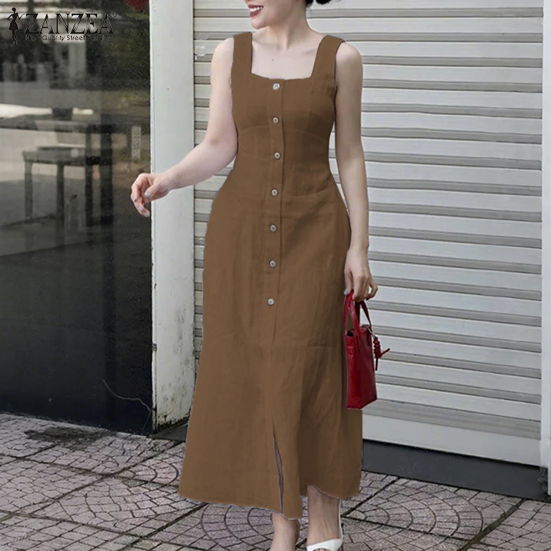 ZANZEA Sommerkleid, elegant, quadratischer Ausschnitt, Maxikleid, modisch, für Damen, ärmellos, Urlaubskleid, Arbeitskleider, lässig, einfarbig, mit Knöpfen