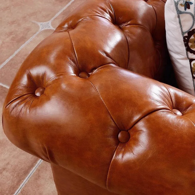 Rural leather sofa first layer cowhide small apartment light luxury living room pull button double three or four-person leather