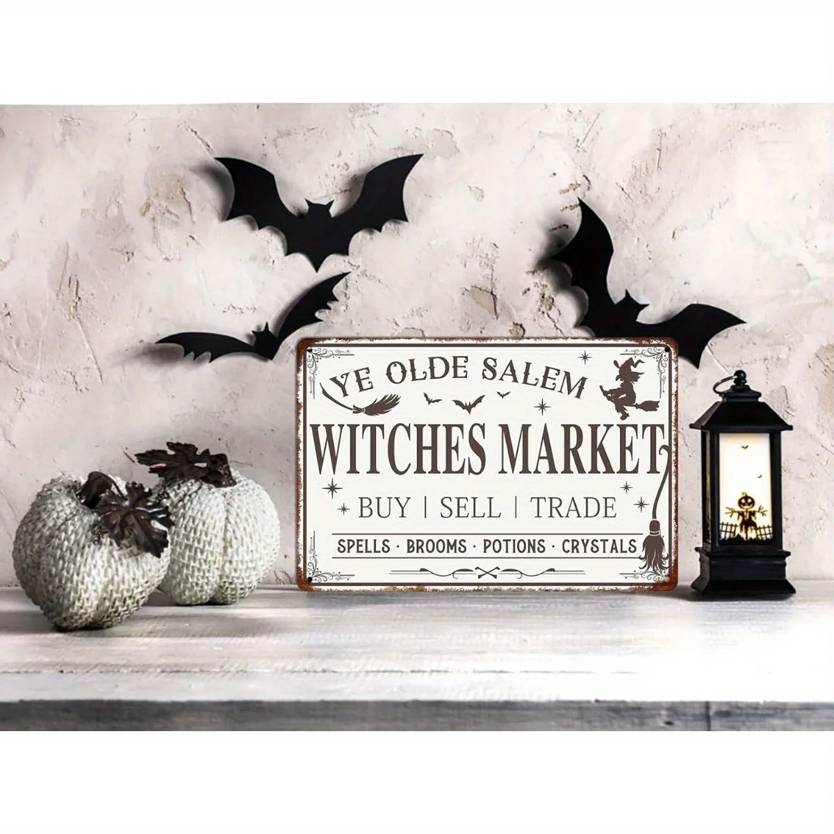 CIFBUY 2D Witch Market Metal Tin Sign 8x12 - Retro Salem Witches, Broom, Potion & Crystal Decor - Vintage Gothic Wall Art Home
