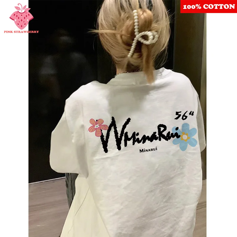 

Sweet Flower Letter Print T-shirt Women Summer 2025 New 100% Cotton Short sleeves White Tee Loose Casual Y2k Top Female clothing