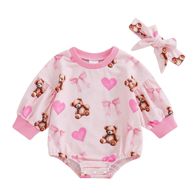 طفلة 2 قطعة ملابس الربيع طويلة الأكمام جولة الرقبة الدب القوس طباعة رومبير مع عقال مجموعة ملابس الرضع