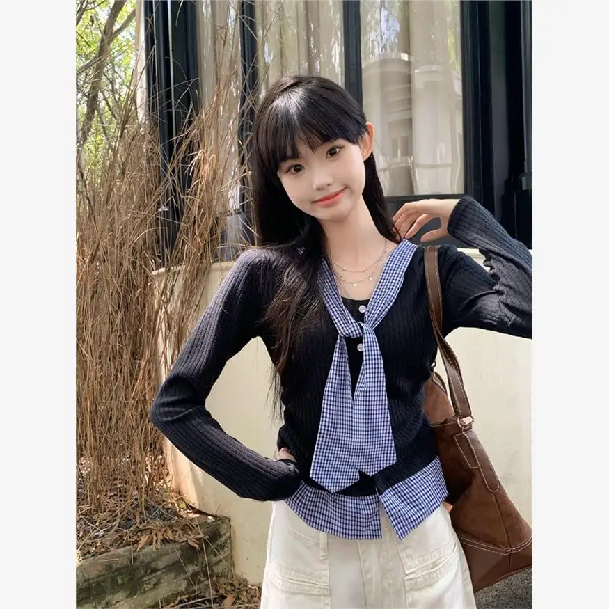 

College Sle Color Blo Plaid Splice Knitted Sweater Women's Autumn Winter Chic Top Design Sensation Small irt