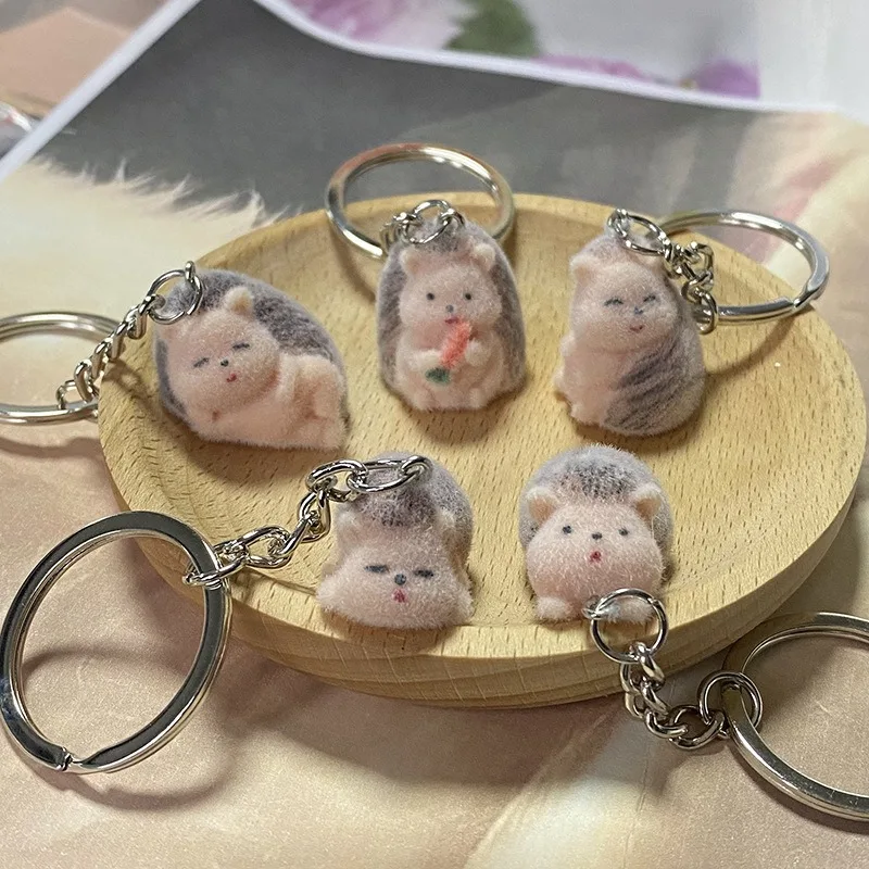 Cute Fluffy Sleeping Hedgehog Animal Keychains Resin Creative Funny Lovely 3D Flocking Pet Pendant Bag Box Car Key Ring Jewelry