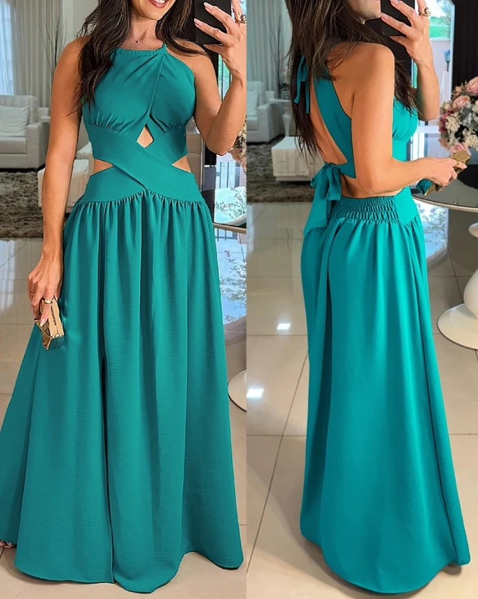 

Womens Dresses 2025 Spring New Halter Sleeveless Tied Detail Shirred Criss Cross Flared Dress Elegant Glamorous Evening Dress