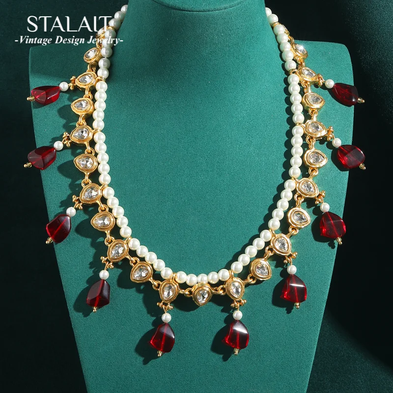 

Vintage Red Glass Choker Necklaces Pearl Crystal Water Drop Chain Charm Accessories For Women Wedding Bride Gift Dinner 2025