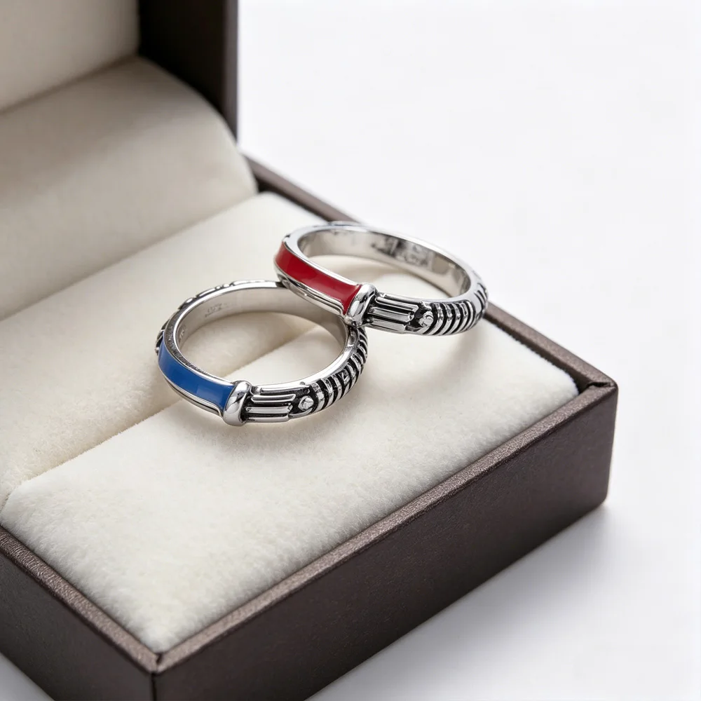 Catuni Hot Sale Vintage Silver Enamel Couple Rings Red Blue Punk Biker Band Rings Gothic Jewelry Gift For Men Women