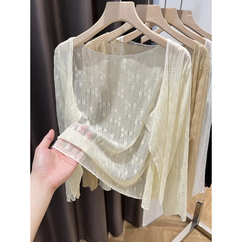 

2025 summer silk knitted cardigan women's thin shawl with short tulle blouse