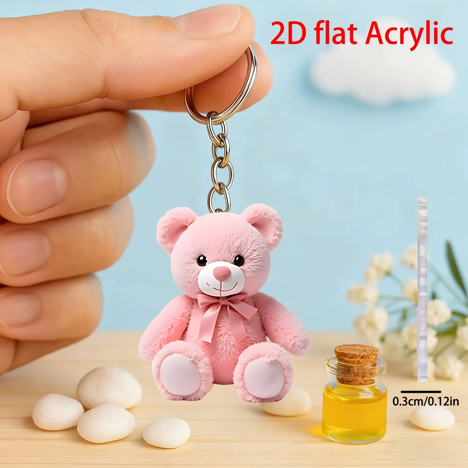 5Sets Cute Pink Bear Keychain Includes 2D Acrylic Ornament & Thank You Cards & Organza Bags Car Rearview Mirror Decoration Gifts