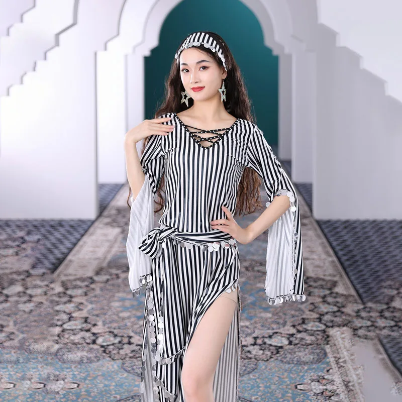 مجموعة الرقص الشرقي مكونة من 3 قطع مع لامع ذهبي ساخن ورقبة على شكل حرف v رداء بلدي شعبي سايدي قصب الرقص الشرقي زي الرقص الشرقي #3