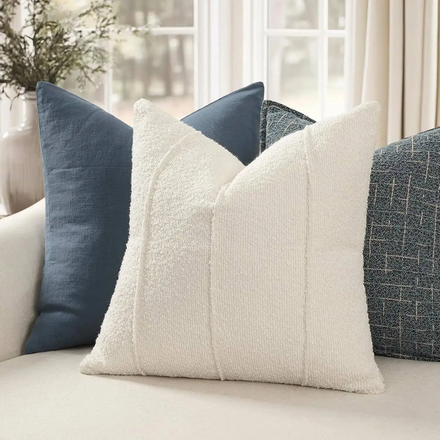 2 Stück kreisförmige Kissenbezüge aus Kunstlammwolle, weiche, moderne, gestreifte Plüschfell-Dekokissenhülle für Sofa- und Bettdekoration – Detail 5